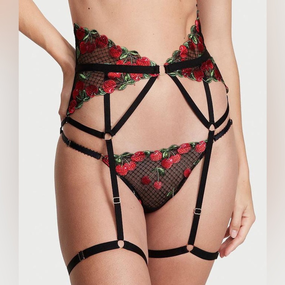 Sheer Black Garter with Red cherry Embroidery - Women Intimates NWOT